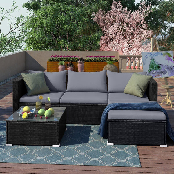 Rattan Corner Sofa Set - 4 Seater - Black